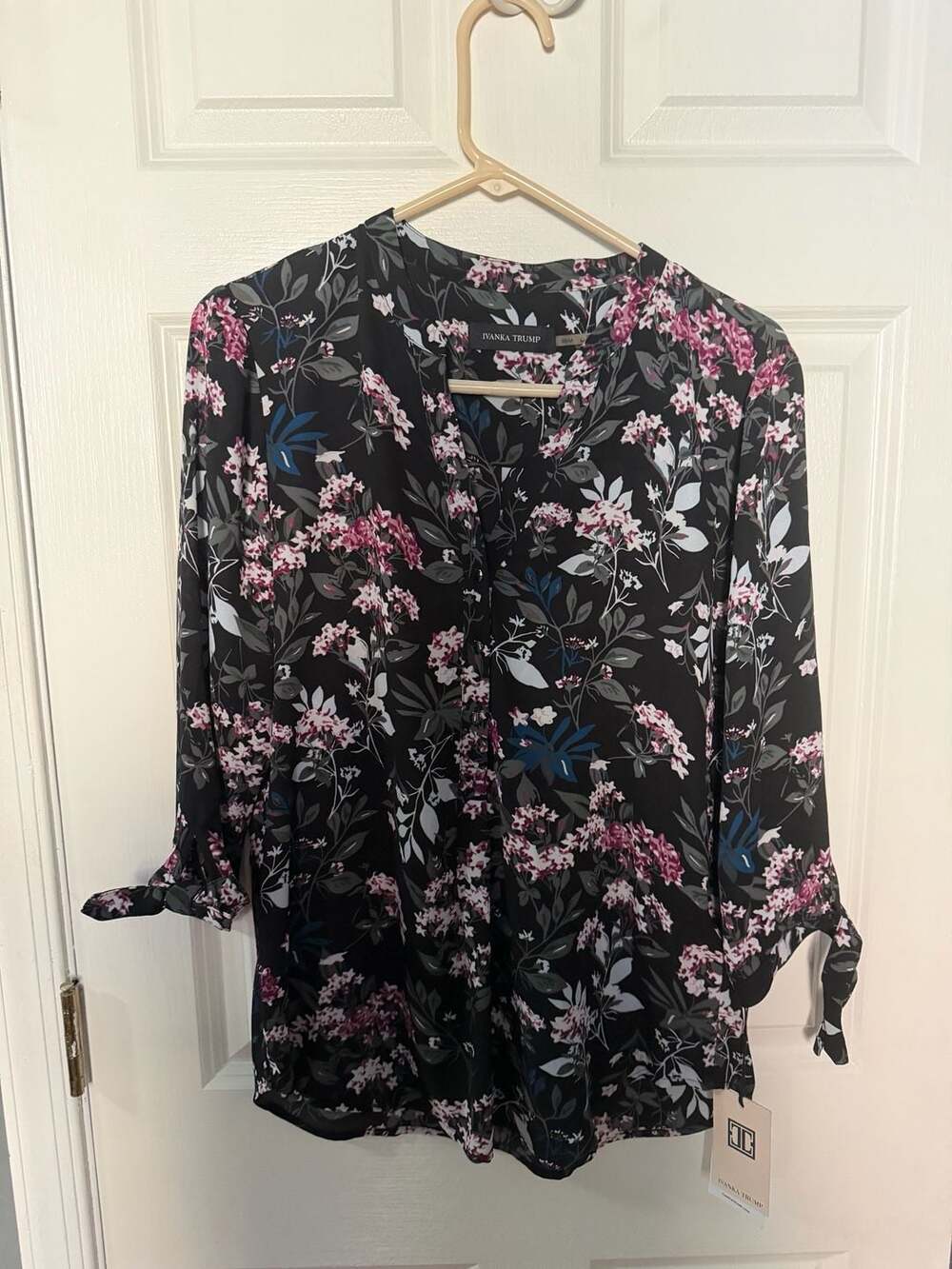 Ivanka Trump Black Floral Print Blouse with Tie-Sleeve Detail